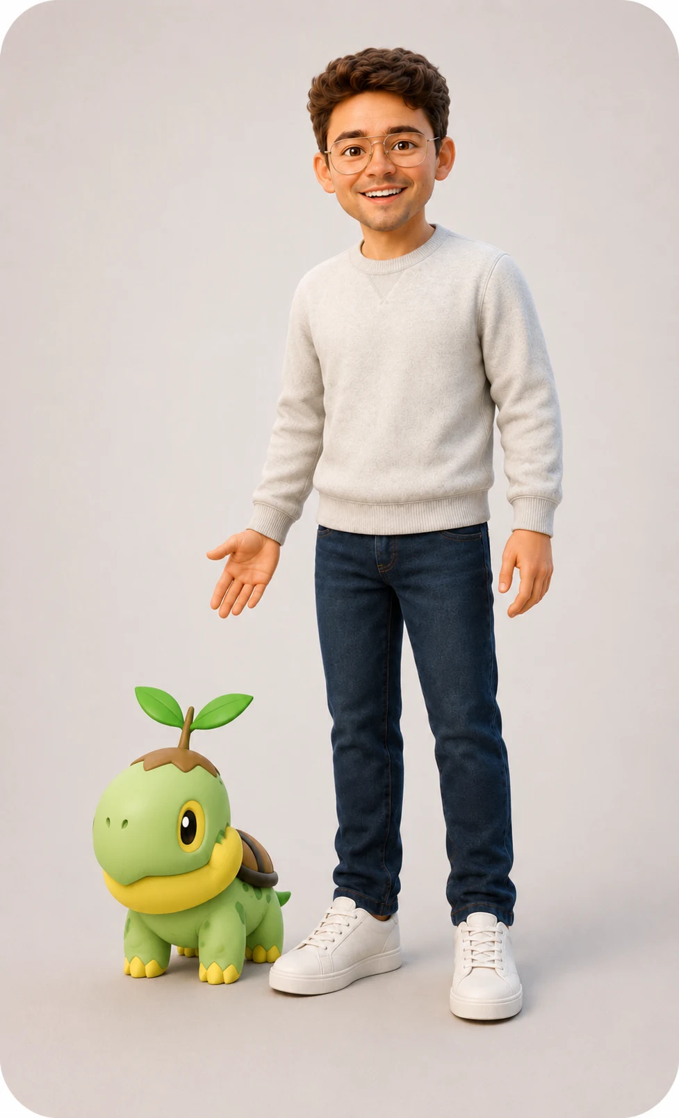 Stylized portrait of Andrew standing beside Doon
