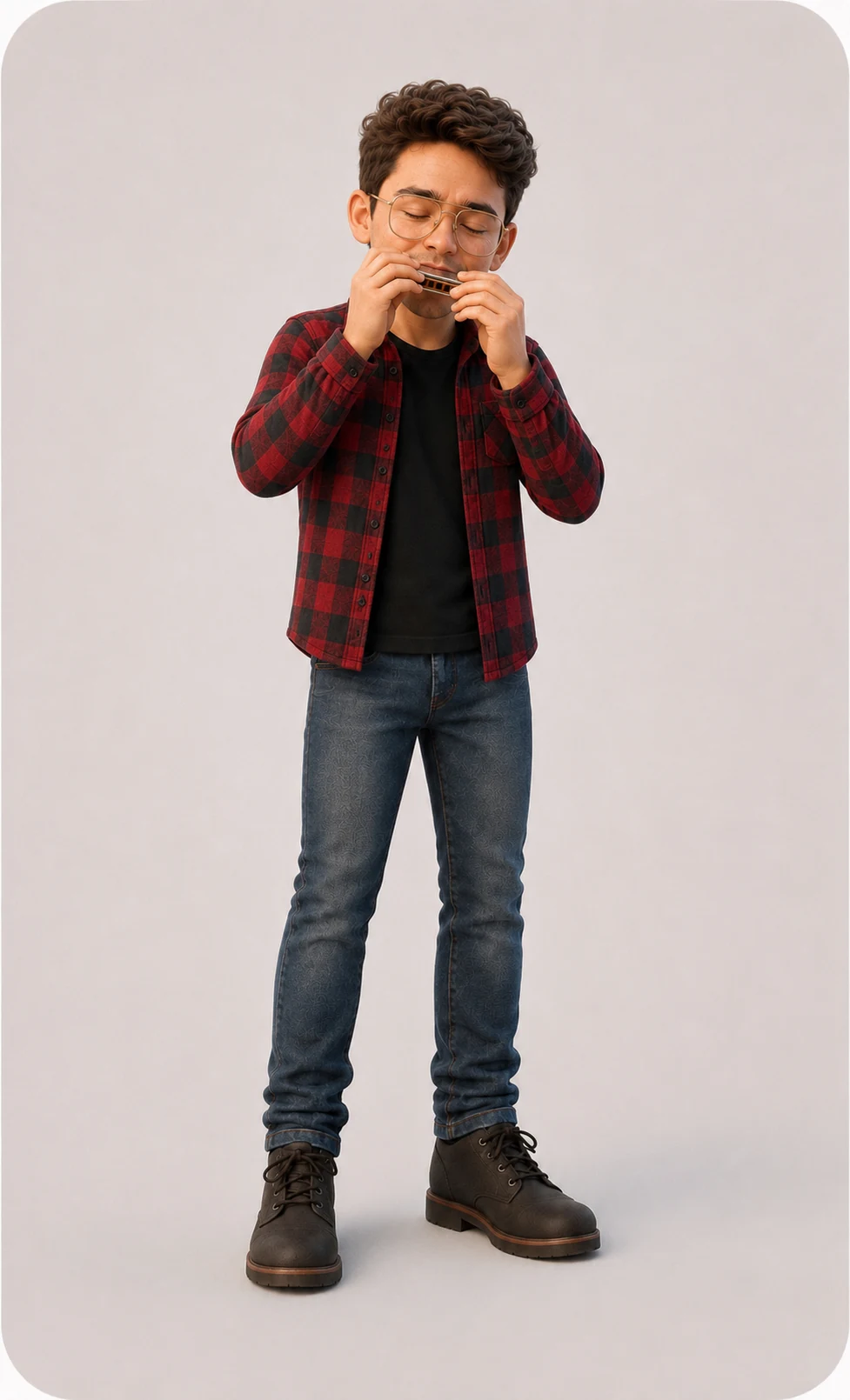 Stylized portrait of Andrew playing harmonica