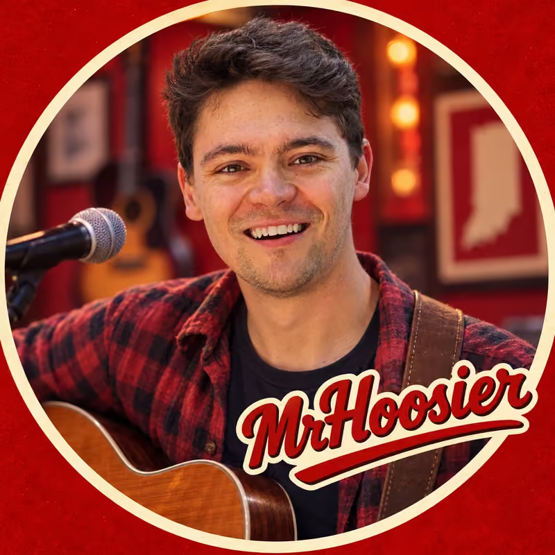 Andrew Wolverton smiling with a guitar and microphone, framed by the red-and-cream MrHoosier wordmark
