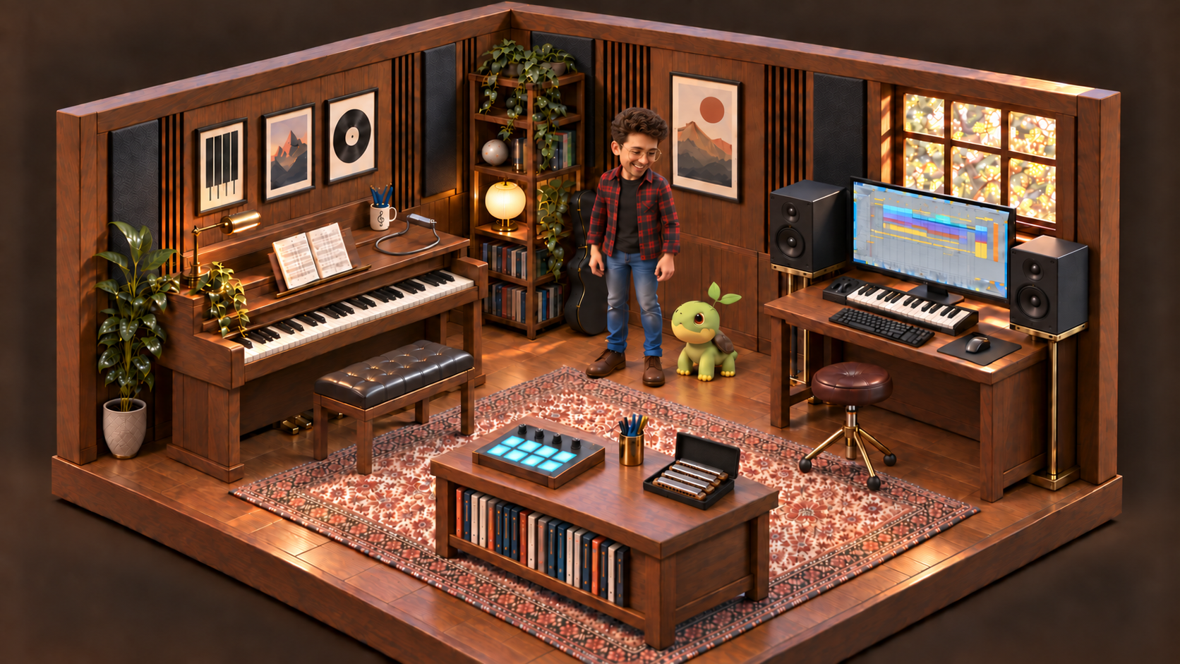 A miniature walnut recording studio with a piano, a pad controller, a computer and MIDI keyboard. Andrew and Doon look toward one another.